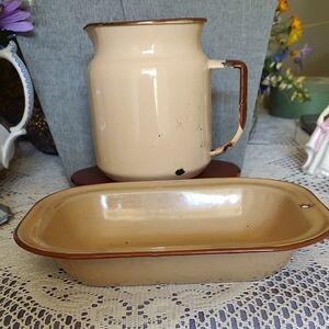 Vintage Brown And Tan Enamelware